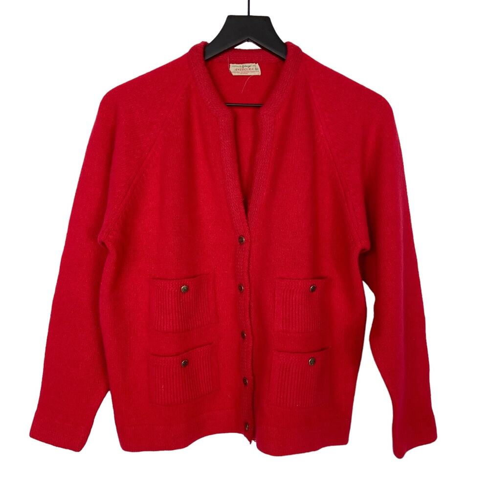 Vintage Cardigan Sweater‎ Red Womens Size Medium Lambswool Angora Rabbit Hair